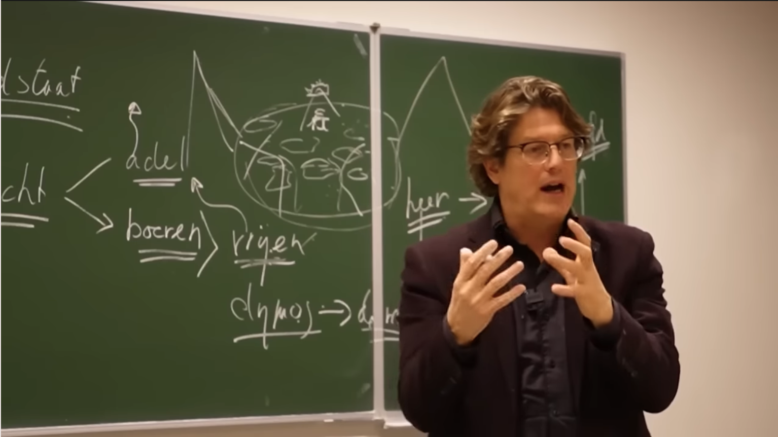 Ad Verbrugge geeft college voor het schoolbord